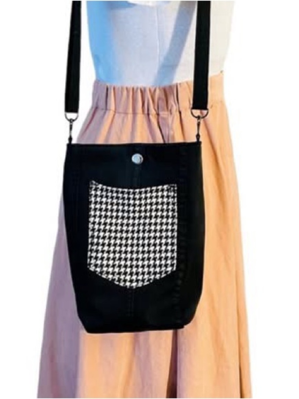 Handmade Black Crossbody Bag with Houndstooth Front Pocket